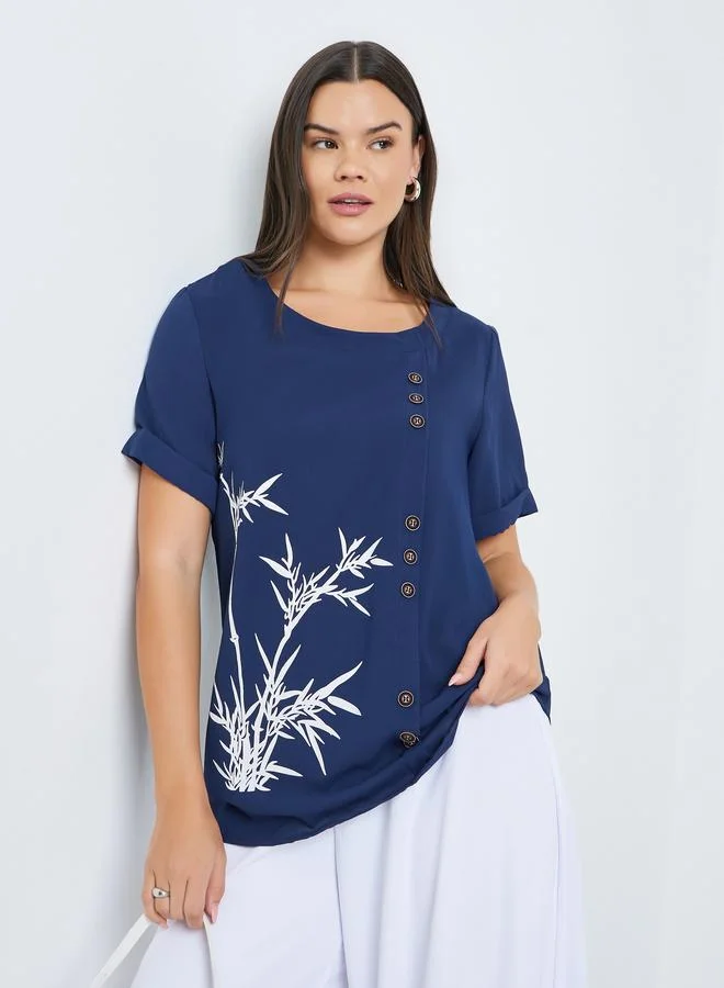 Take Two Navy Blue Printed Short Sleeve Top