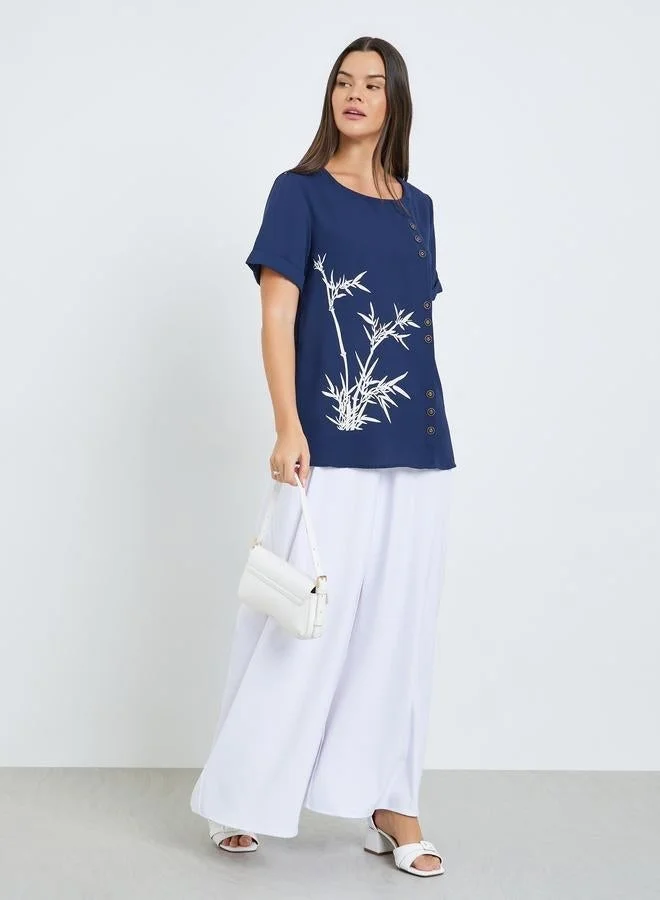 Take Two Navy Blue Printed Short Sleeve Top