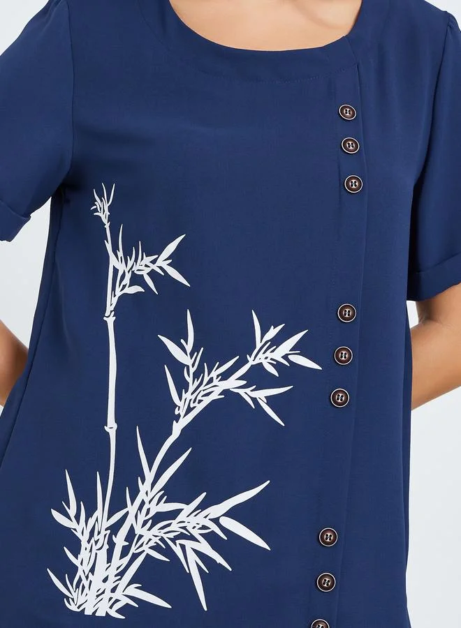 Take Two Navy Blue Printed Short Sleeve Top