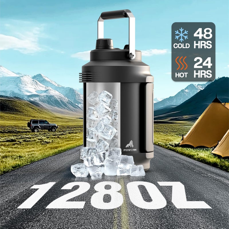 powcan 1 Gallon Insulated Water Bottle for Travel: 2-in-1 Straw Spout Lid, Dual Handle, Leakproof, Keep Cold 48H, 128oz Stainless Steel Water Jug for Gym, Biking, Road Trip, Work, Home, Picnic (Midnight) - Image 2