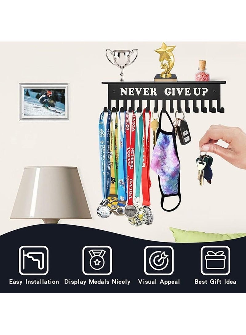 عام "حامل الأوسمة الرياضية | يتسع لأكثر من 15 ميدالية | حوامل معدنية للجوائز | حامل تذكاري بعبارة "لا تستسلم أبدًا" مقاس 16 بوصة لعرض الميداليات والكؤوس" - Image 2