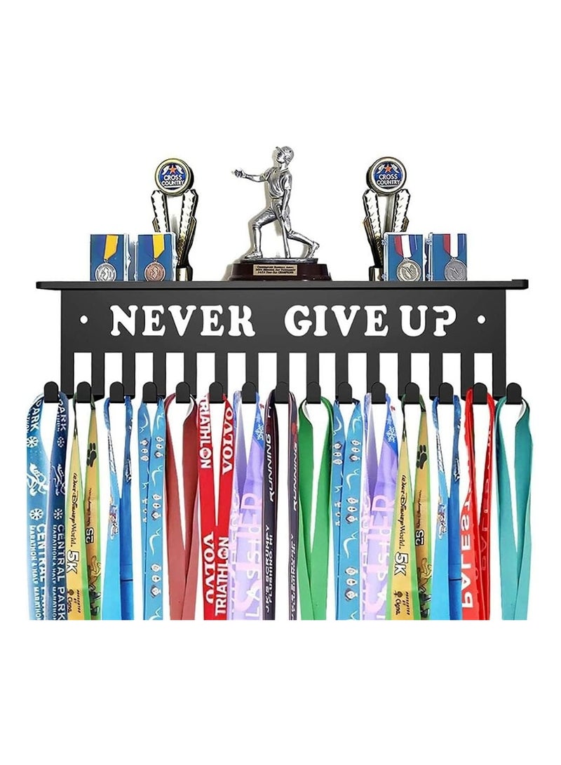 عام "حامل الأوسمة الرياضية | يتسع لأكثر من 15 ميدالية | حوامل معدنية للجوائز | حامل تذكاري بعبارة "لا تستسلم أبدًا" مقاس 16 بوصة لعرض الميداليات والكؤوس" - Image 1