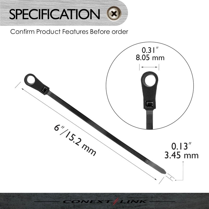 Conext Link 100 Nylon Cable Wire Zip Ties Mounting Hole Nail Screw 40 Lbs 6"" Inch Black (19180) - Image 3