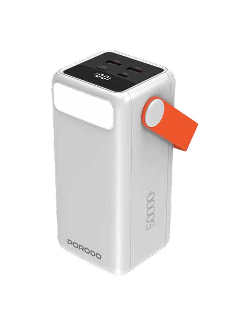 باور بانك بورتا باور 50000 مللي أمبير/ساعة مع إضاءة LED مدمجة PD20W و QC 22.5W / باور بانك عالي السعة / باور بانك سريع الشحن / ميزات حماية ذكية / مصباح يدوي - أبيض