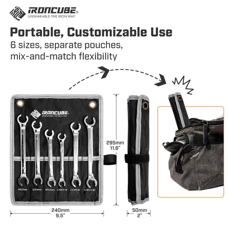 ironcube Flare Nut Wrench Set: 6-piece SAE & Metric Line Wrench Set for Removing or Replacing Nuts on Fuel, Brake or Air Conditioning Lines, Organizer Pouch Included - Image 5