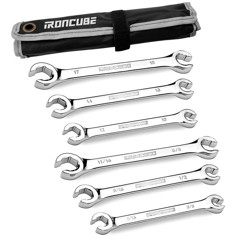 ironcube Flare Nut Wrench Set: 6-piece SAE & Metric Line Wrench Set for Removing or Replacing Nuts on Fuel, Brake or Air Conditioning Lines, Organizer Pouch Included - Image 1