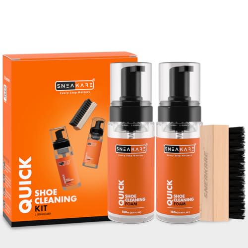 SNEAKARE Quick Shoe Cleaning Kit | Contains 2 x 150ml (510 g) Foam Shoe Cleaner & 1 Medium Shoes Brush | Sneaker Cleaning Kit | Suitable for Sneakers, Nubuck, Leather, Suede & Sport Shoes - Image 1