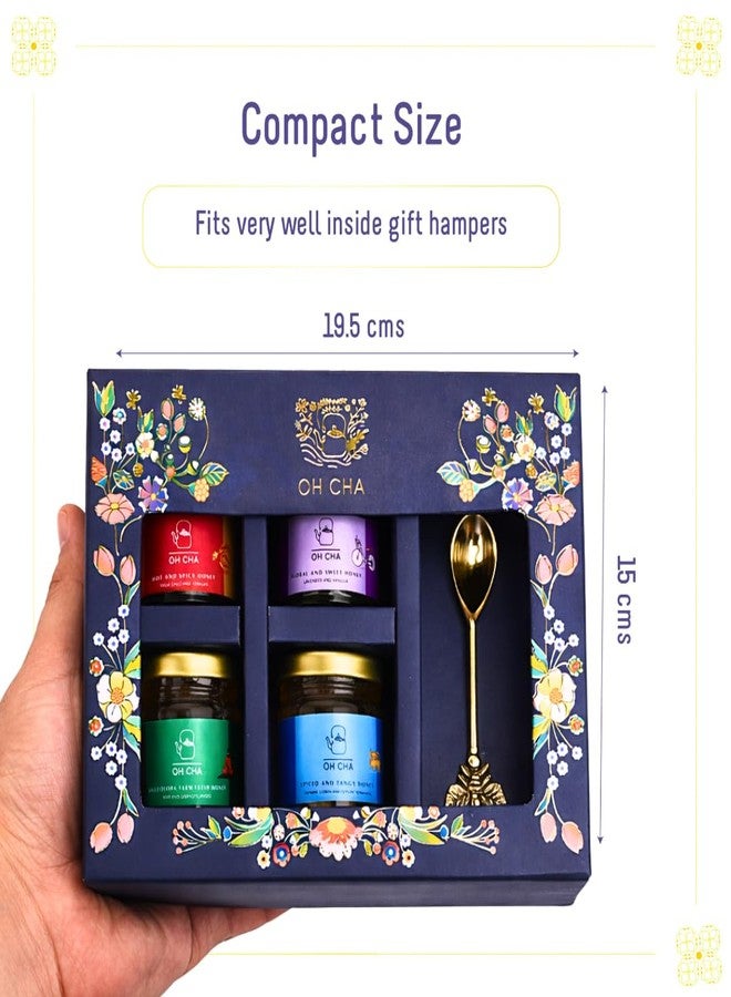 OH CHA - Premium Honey Gift Box | 4 Flavoured Raw Honey Jars + Brass Spoon | Gourmet Gift Set for Gifting, Festivals & Corporate Hampers | 100% Natural & Unprocessed - Image 3