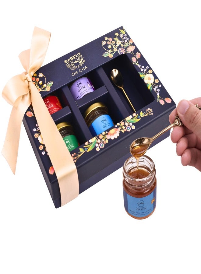 OH CHA - Premium Honey Gift Box | 4 Flavoured Raw Honey Jars + Brass Spoon | Gourmet Gift Set for Gifting, Festivals & Corporate Hampers | 100% Natural & Unprocessed - Image 1