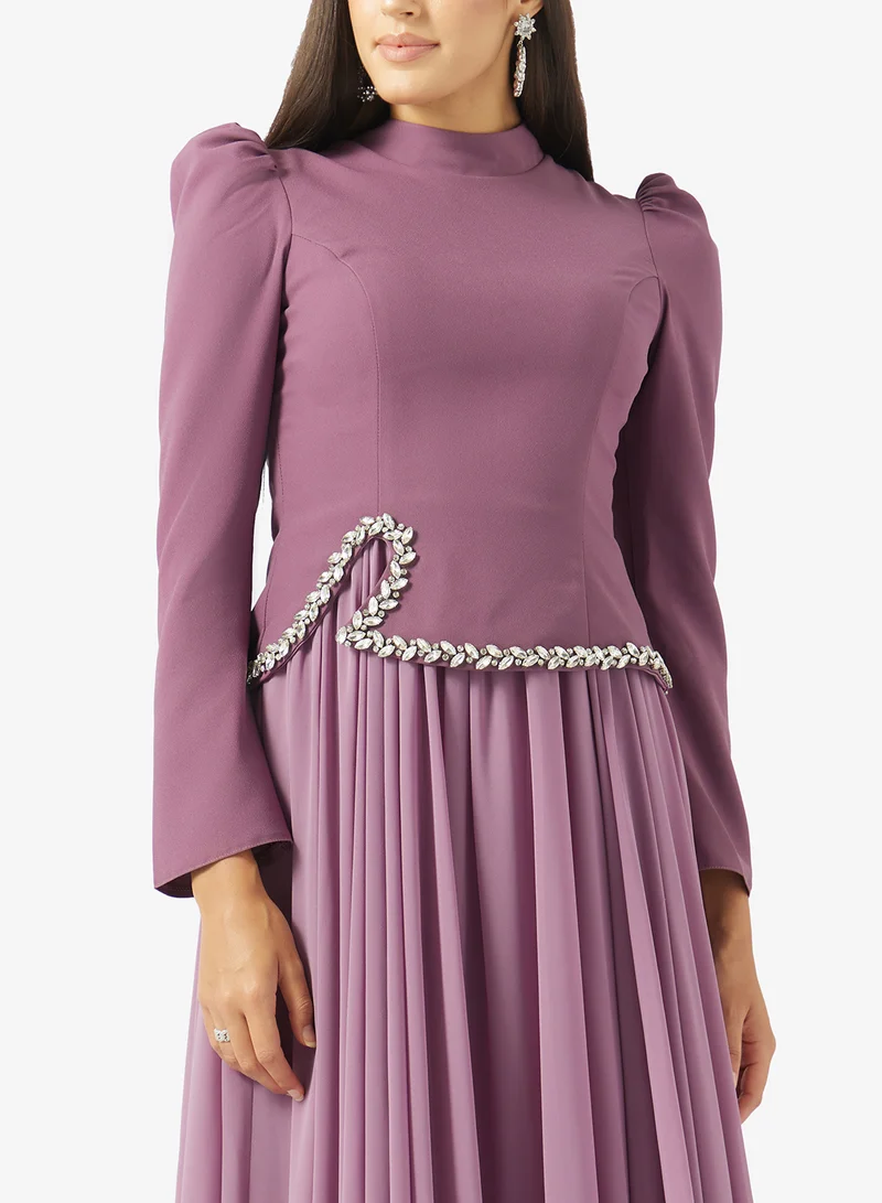 Akadia Fashion  HIGH NECK CRYSTAL WAISTLINE CREPE DRESS for Women | Best Price UAE