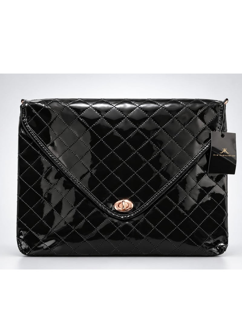 Kim Kardashian Black Quilted Patent Shoulder Bag with Gold-Tone Clasp