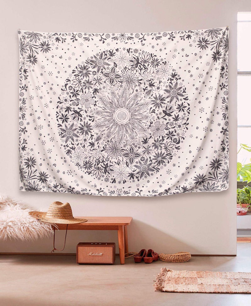 Neasow Bohemian Tapestry Wall Hanging, Beige White Floral Tapestry with Dotted Daisy Medallion Print Bedroom Boho Hippie Home Decor, 36Ã—48 inches - Image 3