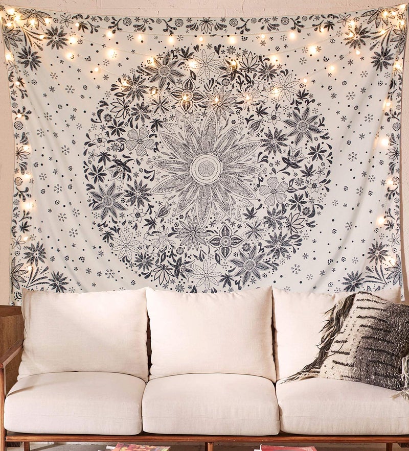 Neasow Bohemian Tapestry Wall Hanging, Beige White Floral Tapestry with Dotted Daisy Medallion Print Bedroom Boho Hippie Home Decor, 36Ã—48 inches - Image 1