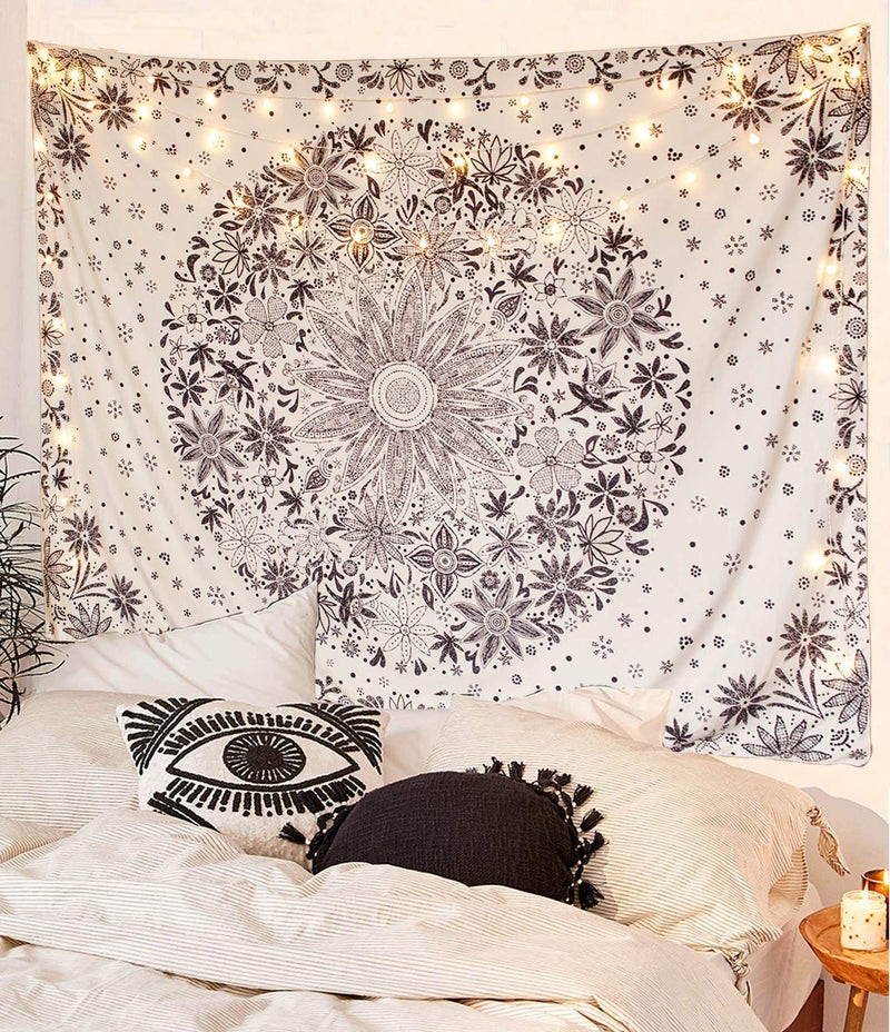 Neasow Bohemian Tapestry Wall Hanging, Beige White Floral Tapestry with Dotted Daisy Medallion Print Bedroom Boho Hippie Home Decor, 36Ã—48 inches - Image 2