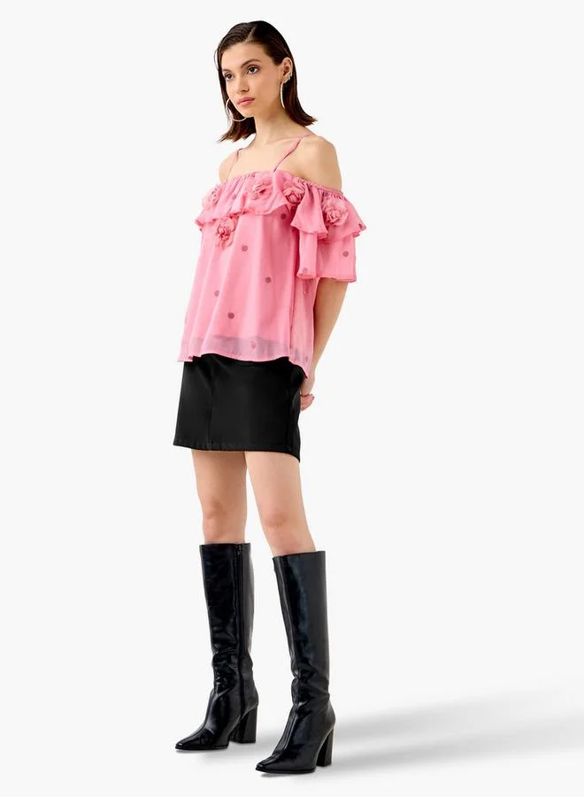 2Xtremz 2Xtremz Floral Accent Off Shoulder Top with Ruffles