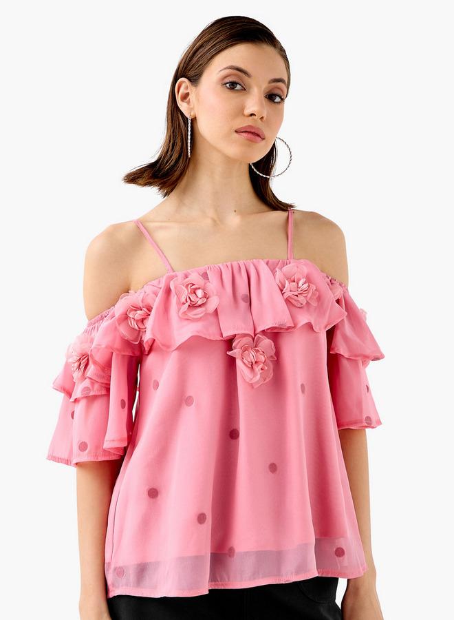 2Xtremz Floral Accent Off Shoulder Top with Ruffles - Image 1