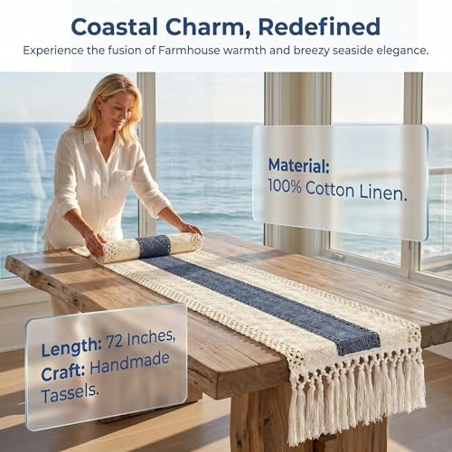 yuboo Table Runner 72 Inches Long Blue and White Table Runner Farmhouse Coastal Boho Macrame Dresser Runners for Bedroom Dining Coffee Table with Tassels - Image 3