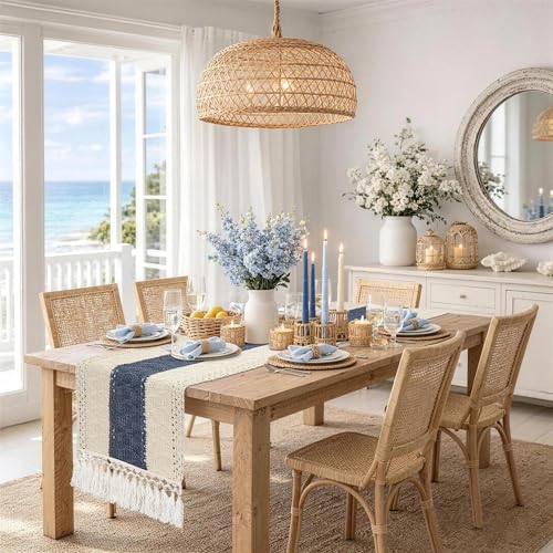 yuboo Table Runner 72 Inches Long Blue and White Table Runner Farmhouse Coastal Boho Macrame Dresser Runners for Bedroom Dining Coffee Table with Tassels - Image 1