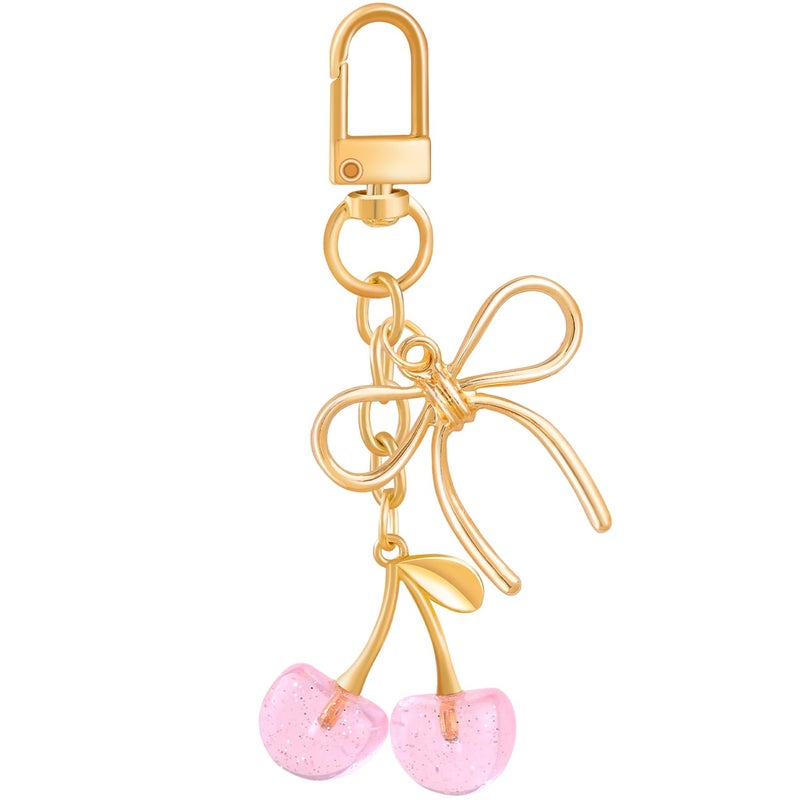 TINKRSTUFF 1 Pcs Cherry Bag Charms Glitter Cherry Purse Charms Small Pink Bow Cute Keychains for Handbag, Metal Resin Keychain Purse Accessories Gift for Women - Image 1