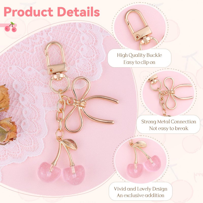 TINKRSTUFF 1 Pcs Cherry Bag Charms Glitter Cherry Purse Charms Small Pink Bow Cute Keychains for Handbag, Metal Resin Keychain Purse Accessories Gift for Women - Image 3