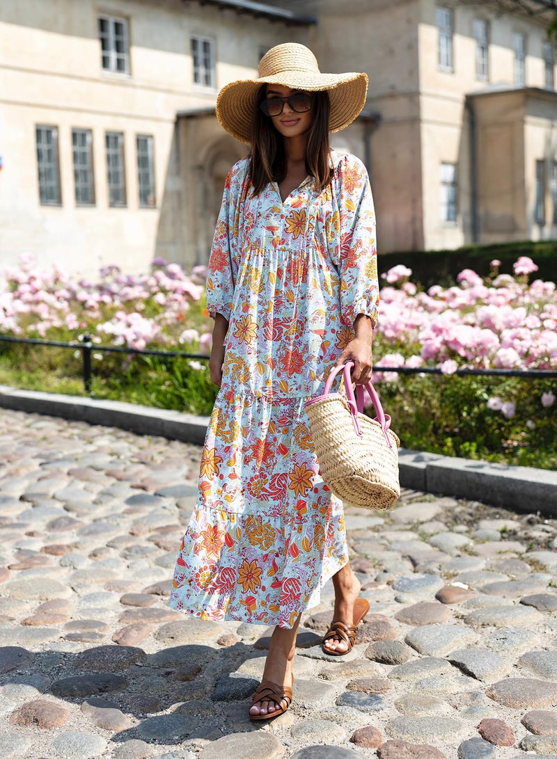 miduo Womens Maxi Dress Short Sleeve V Neck Summer Spring Fashion Loose Floral Beach Bohemian Long Maxi Dresses XL - Image 2