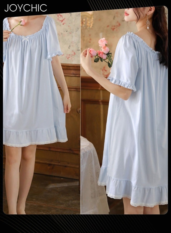 Joychic Sweet Palace Style Short-sleeved Nightgown for Women Summer Cotton Loose Mid-length Home Clothes Soft and Comfortable Pajamas Blue - Image 3