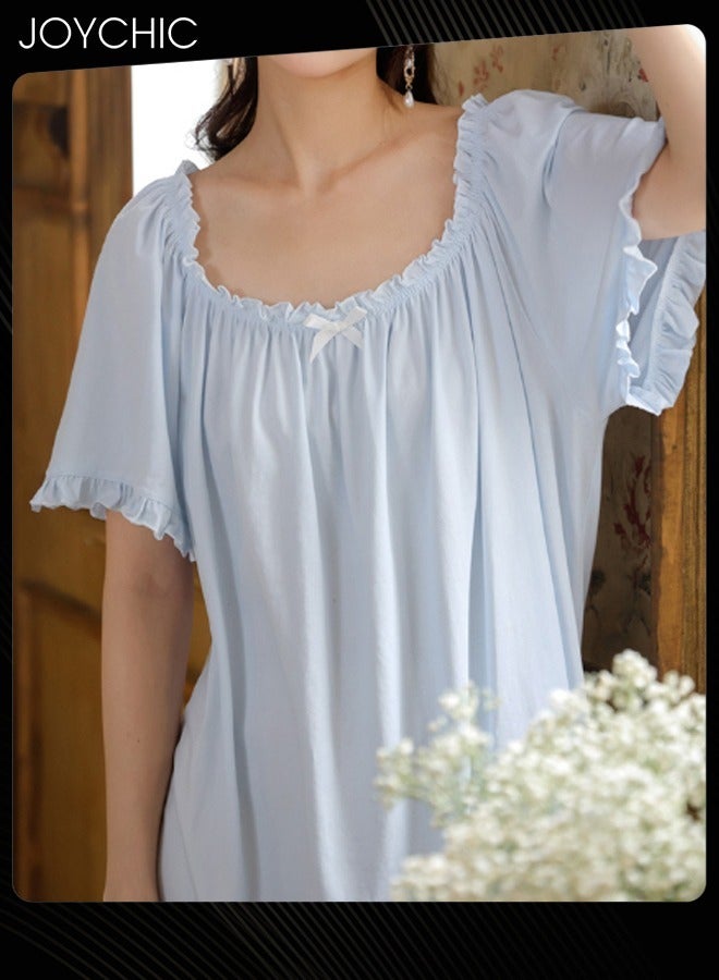 Joychic Sweet Palace Style Short-sleeved Nightgown for Women Summer Cotton Loose Mid-length Home Clothes Soft and Comfortable Pajamas Blue - Image 4