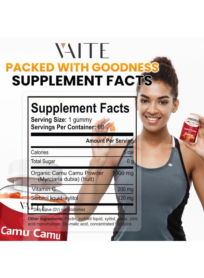 VAITE جواهر كامو كامو فيتامين سي للبشرة والشعر - مكمل غني بمضادات الأكسدة، نباتي، خالي من الغلوتين لدعم المناعة، وزيادة الطاقة، والكولاجين - 60 حبة للمستخدمين النشطين من الرجال والنساء - Image 3