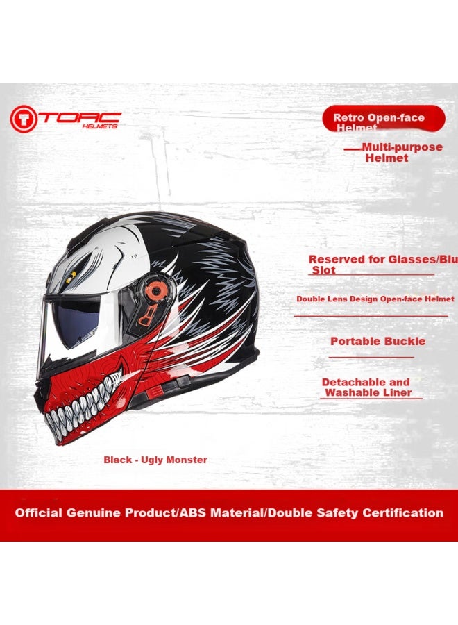 Torc Motorcycle Helmet T271 Double Lens Retro Open Face Helmet Motorbike Men Women Four Seasons 3c Black Ugly Monster Xxl Size