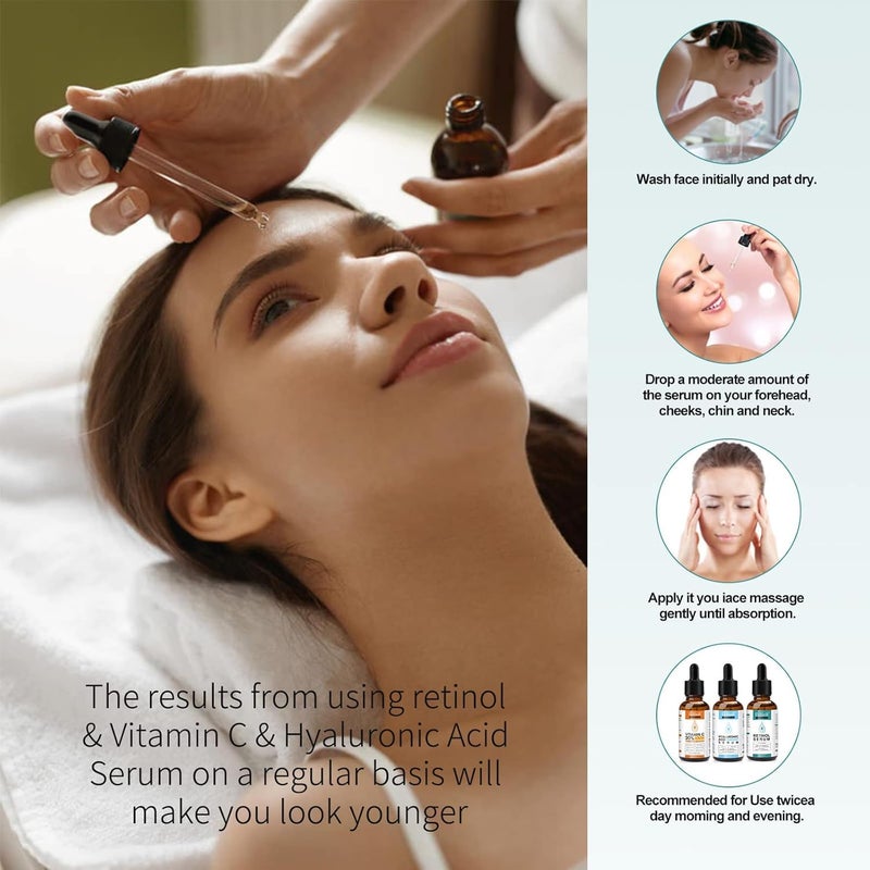 ELBBUB Age Defying Facial Serum 3 Pack, Vitamin C Serum, Retinol Serum and Hyaluronic Acid Serum For Anti Aging & Wrinkle - Boost Skin Collagen,Hydrate & Plump Skin - Image 3