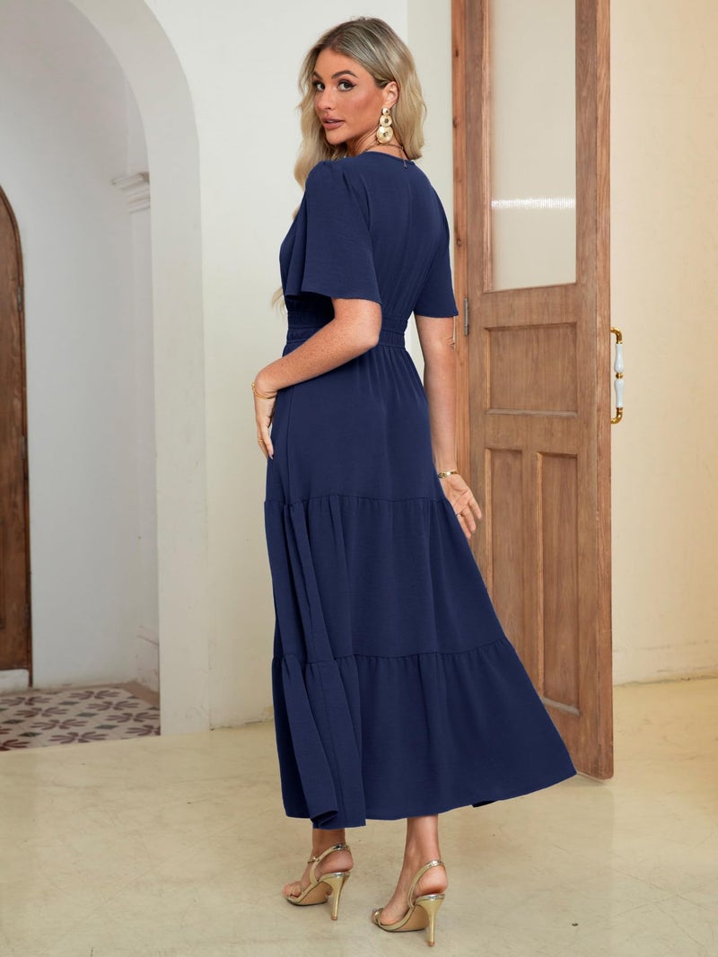 Amegoya Women's Semi Formal Wedding Guest Maxi Dresses V Neck Short Sleeve Empire Waist Dress Long Flowy Modest Dress (Navy Blue L) - Image 5