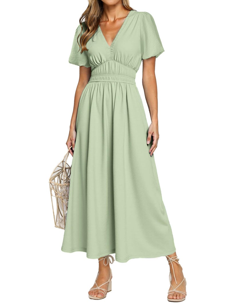 Simplee Apparel Simplee Women's Summer Flowy Midi Dress Casual V Neck Short Sleeve Empire Waist Boho Beach Dress Wedding Guest Maxi Dress Sage Green,M - Image 1