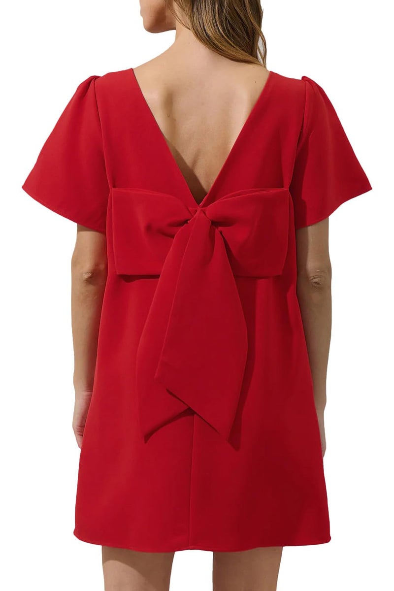 Kedera Women's Casual Mini Bow Dress Crew Neck Short Sleeves Loose Dress Swing Solid Shift Dress with Pockets Red - Image 1