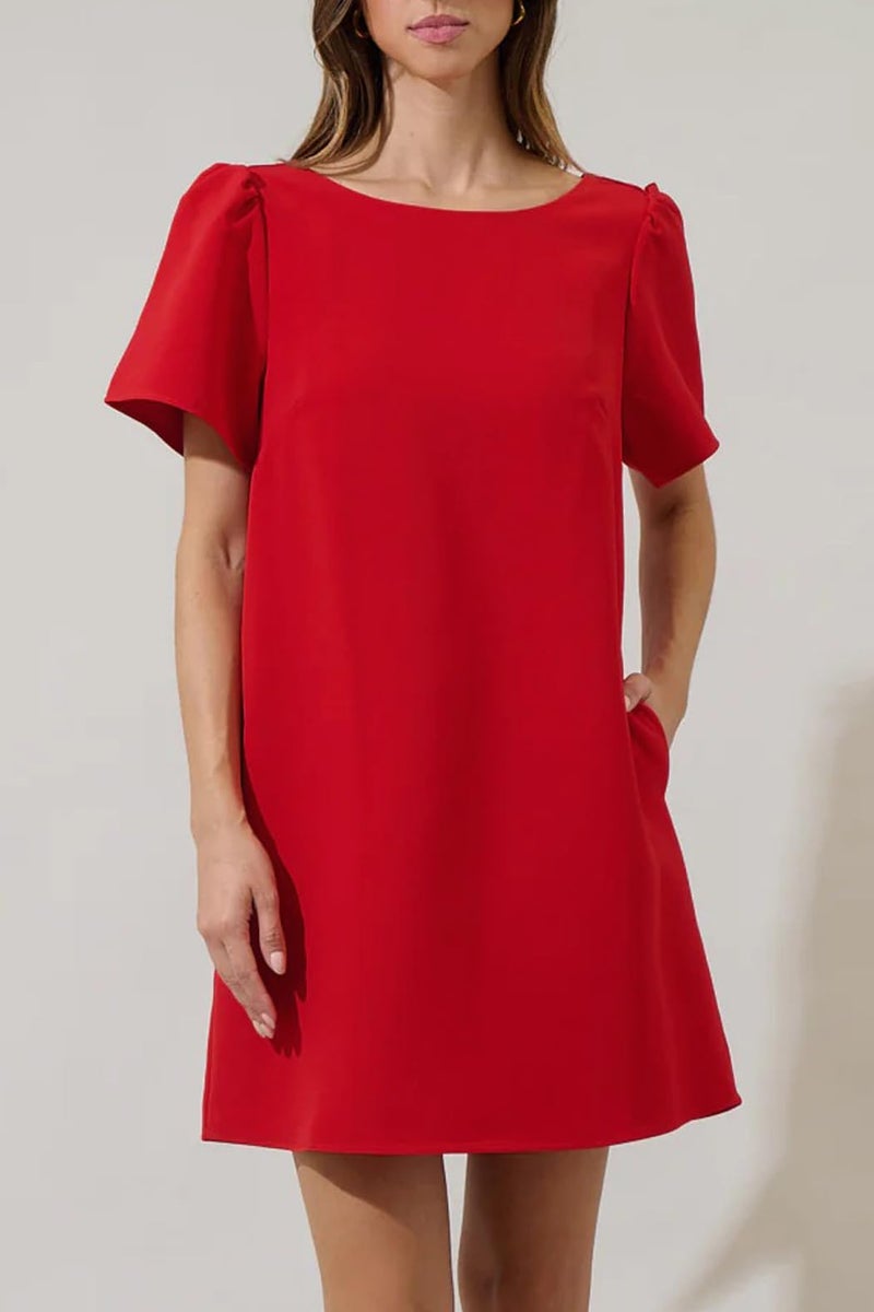 Kedera Women's Casual Mini Bow Dress Crew Neck Short Sleeves Loose Dress Swing Solid Shift Dress with Pockets Red - Image 2