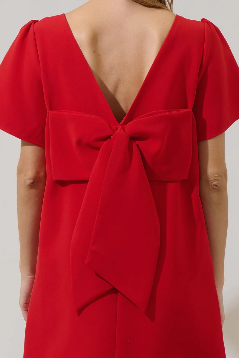 Kedera Women's Casual Mini Bow Dress Crew Neck Short Sleeves Loose Dress Swing Solid Shift Dress with Pockets Red - Image 4