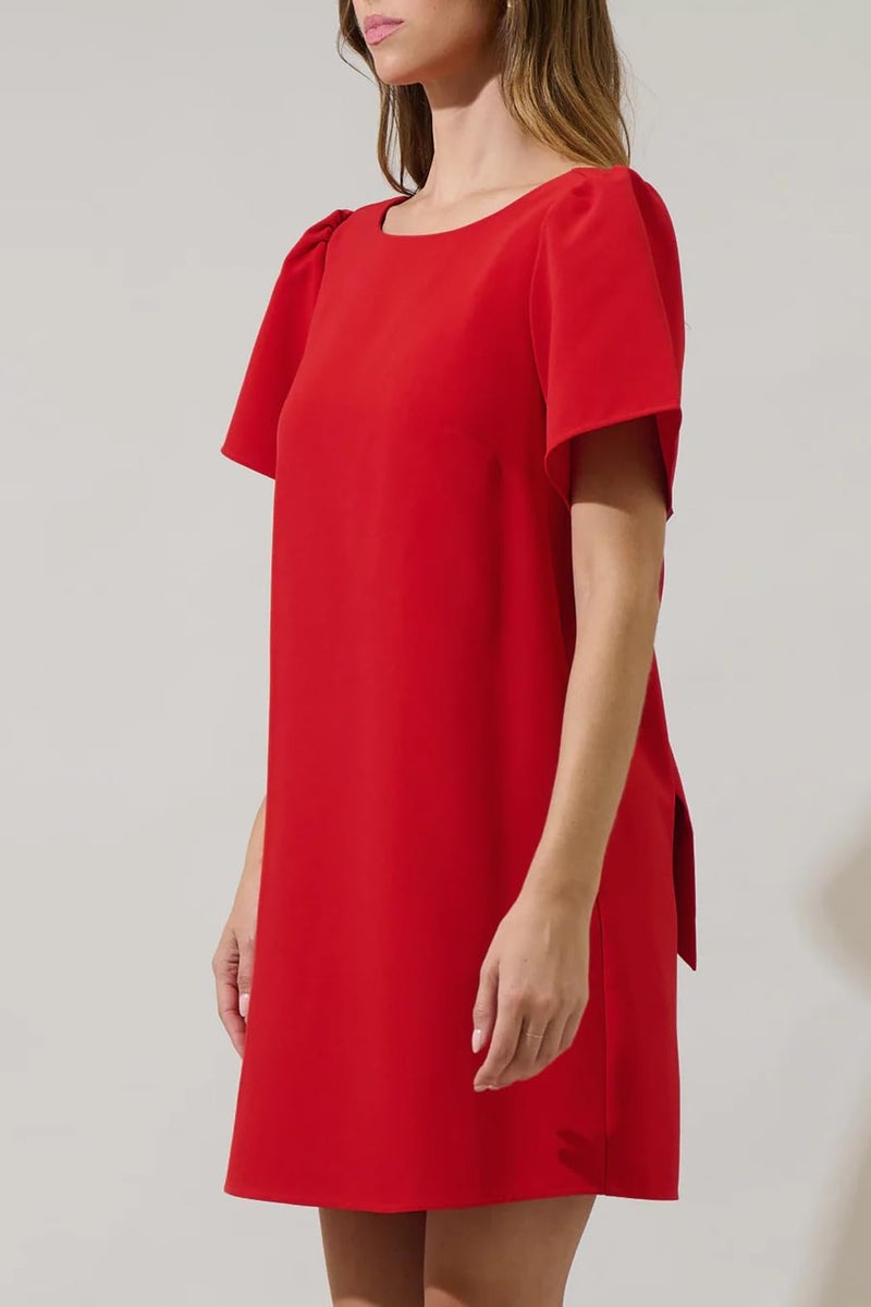 Kedera Women's Casual Mini Bow Dress Crew Neck Short Sleeves Loose Dress Swing Solid Shift Dress with Pockets Red - Image 3