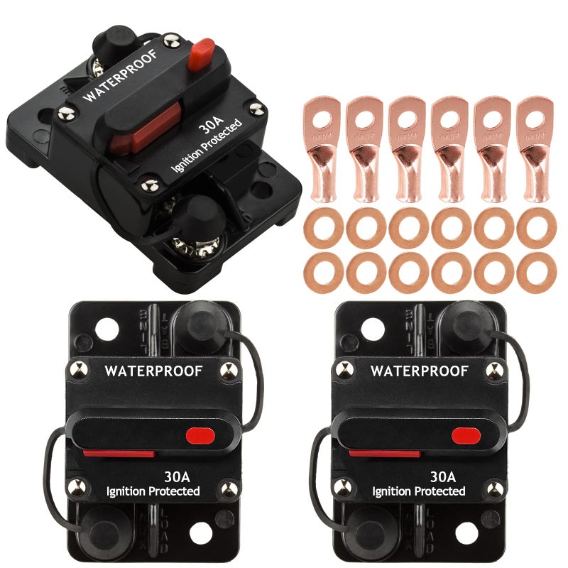 Hamolar 3 Pack 30 Amp Auto Car Stereo Audio Circuit Breaker Fuse 1248VDC Manual Reset Button Switch Fuses with Wire Lugs Copper Washer
