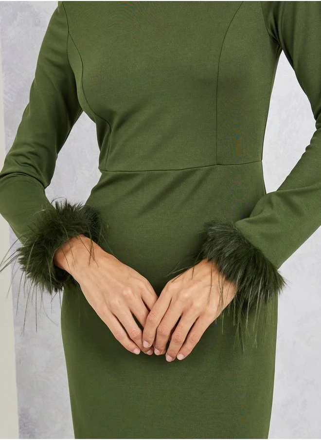 Styli Faux Feathered Hem Sheath Midi Dress