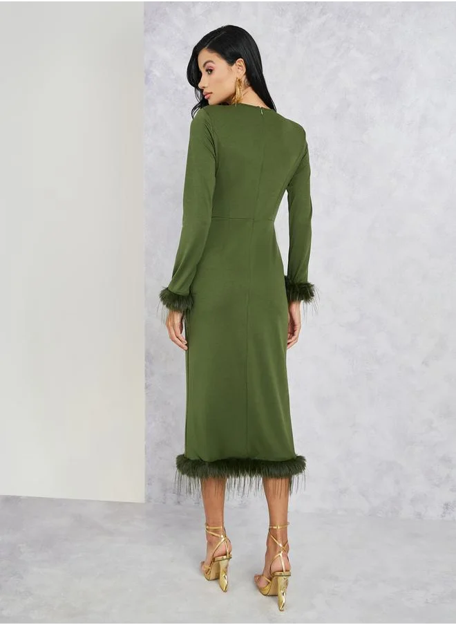 Styli Faux Feathered Hem Sheath Midi Dress