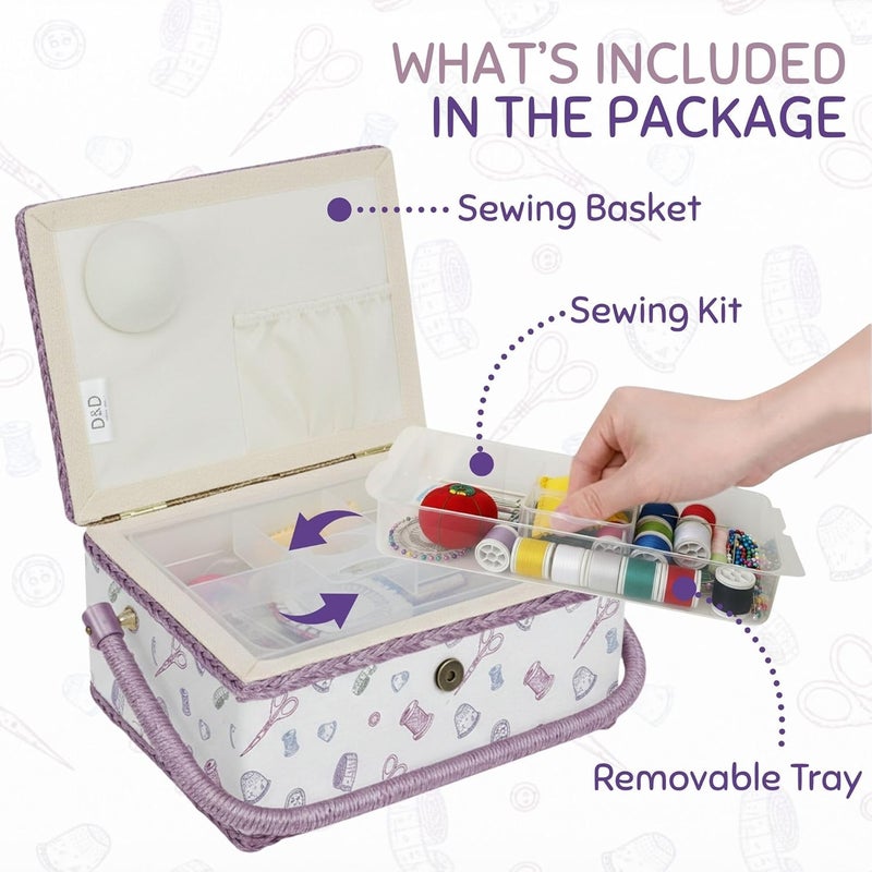 COMFECTO Large Wooden Sewing Basket with Accessories and Removable Tray Pincushion, Sewing Box Storage Organizer for Beginner and Professional, White Purple - Image 3