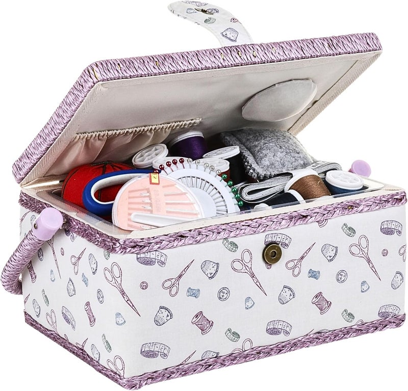 COMFECTO Large Wooden Sewing Basket with Accessories and Removable Tray Pincushion, Sewing Box Storage Organizer for Beginner and Professional, White Purple - Image 1