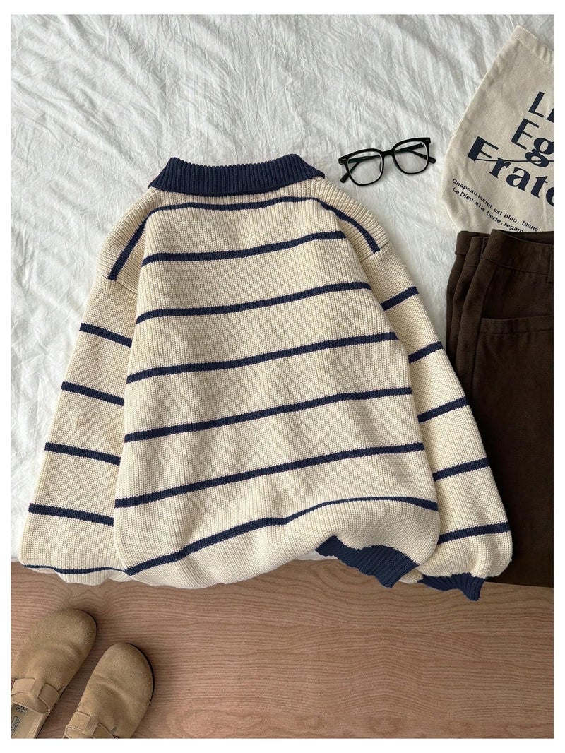 Floerns Women's Collared Striped Sweaters Preppy Oversized Knit Fall Pullover Sweater S - Image 2
