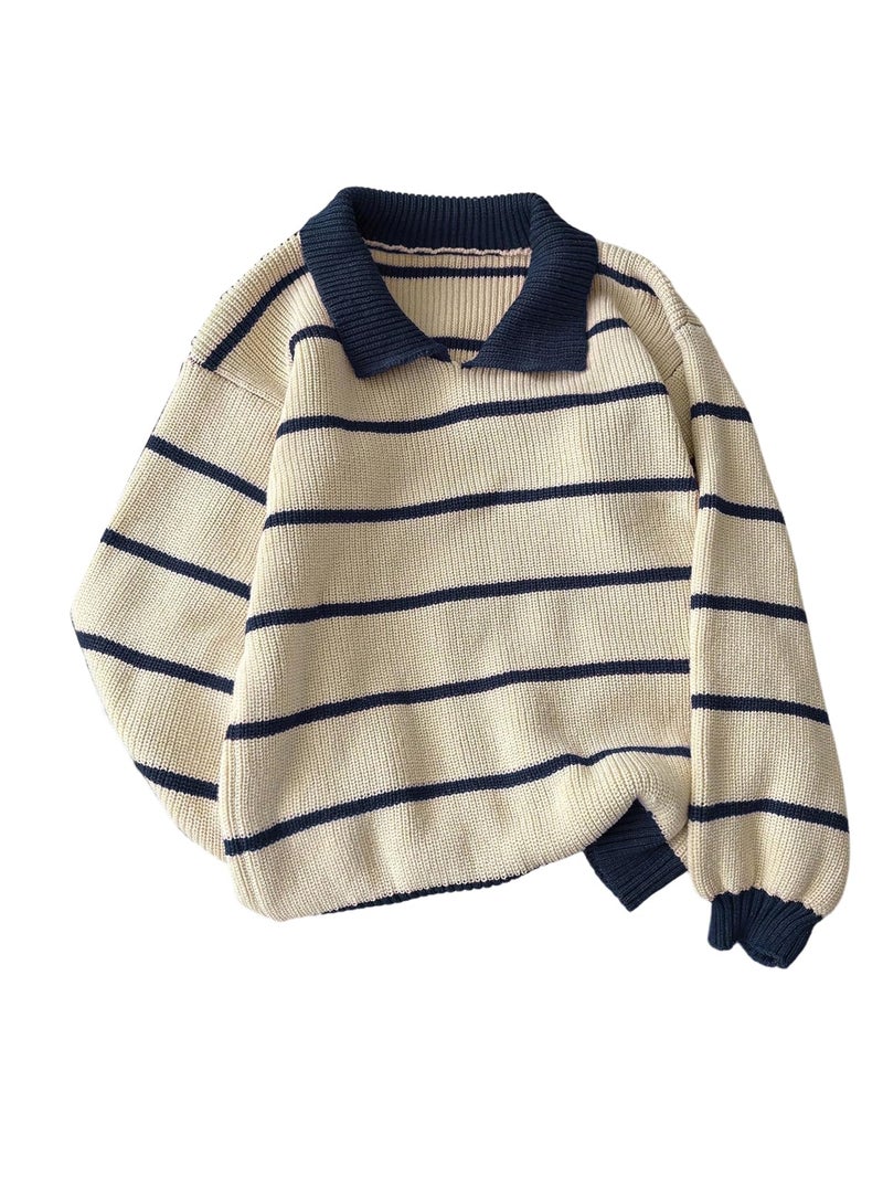 Floerns Women's Collared Striped Sweaters Preppy Oversized Knit Fall Pullover Sweater S - Image 1
