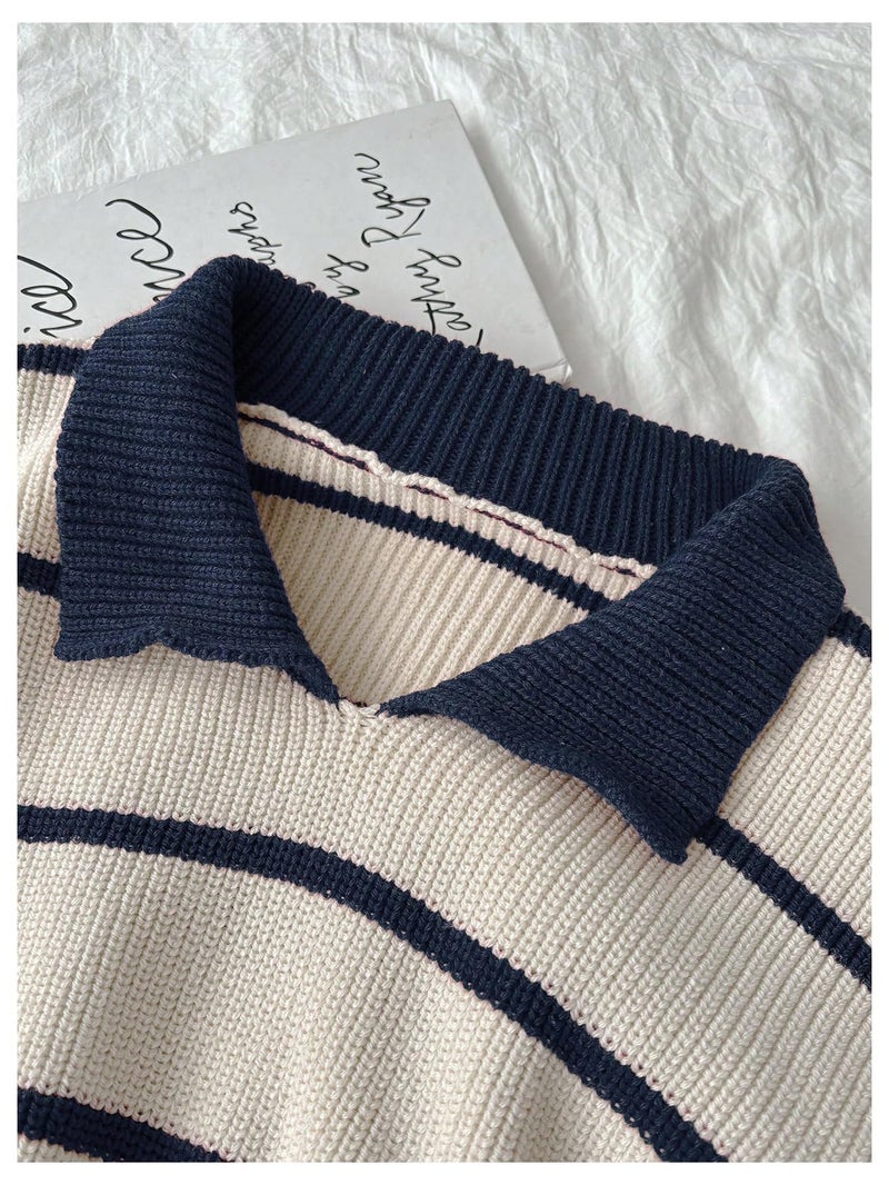Floerns Women's Collared Striped Sweaters Preppy Oversized Knit Fall Pullover Sweater S - Image 3