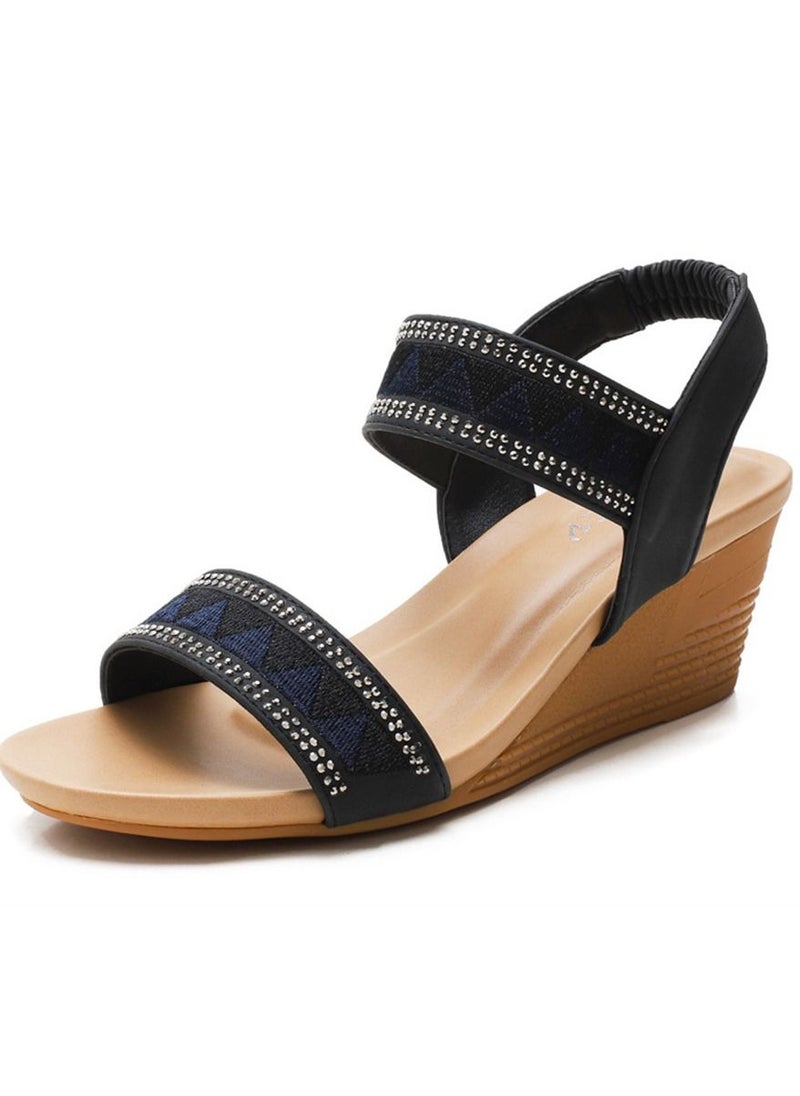 Loquat - Casual Embroidery Wedge Heel Sandals 5CM Black - Image 1