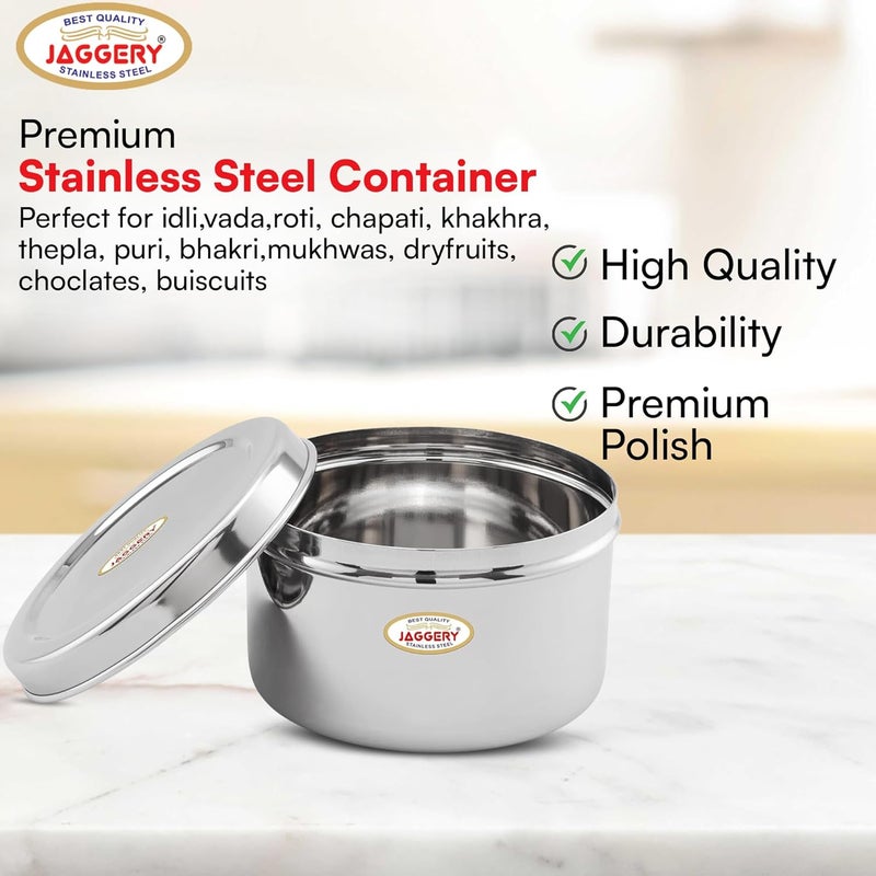 JAGGERY Brand Heavy Gauge Stainless Steel ContainerStorage BoxDeep Betha DabbaGrocery CanisterMultipurpose Dibba Capacity 4800Ml Pack Of 1Pc For LadduPapadChipsIdli Silver - Image 2