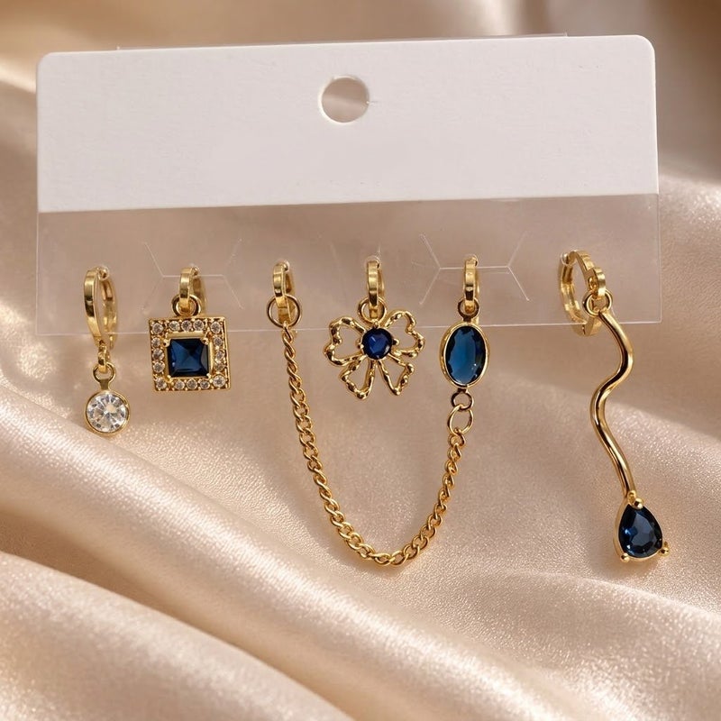 Women's 6-Piece Gold-Plated Hoop Earrings Set with Blue Stones - Image 3