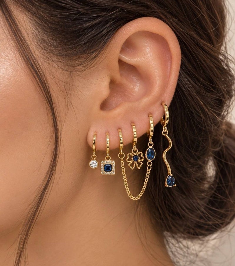Women's 6-Piece Gold-Plated Hoop Earrings Set with Blue Stones - Image 2