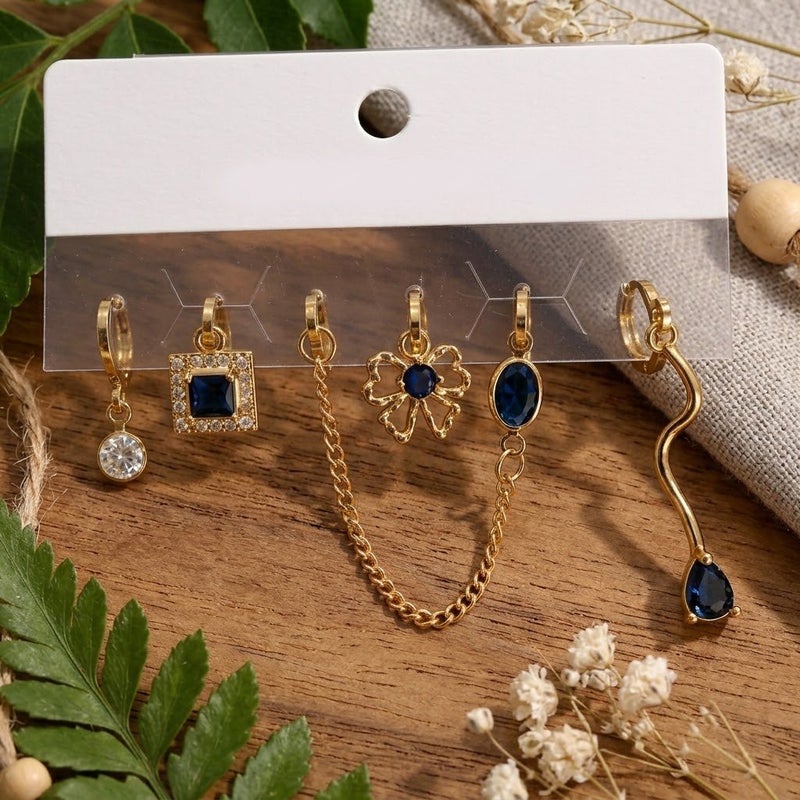 Women's 6-Piece Gold-Plated Hoop Earrings Set with Blue Stones - Image 4