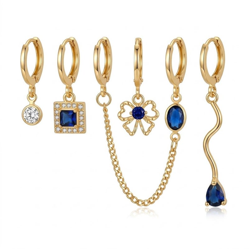 Women's 6-Piece Gold-Plated Hoop Earrings Set with Blue Stones - Image 1